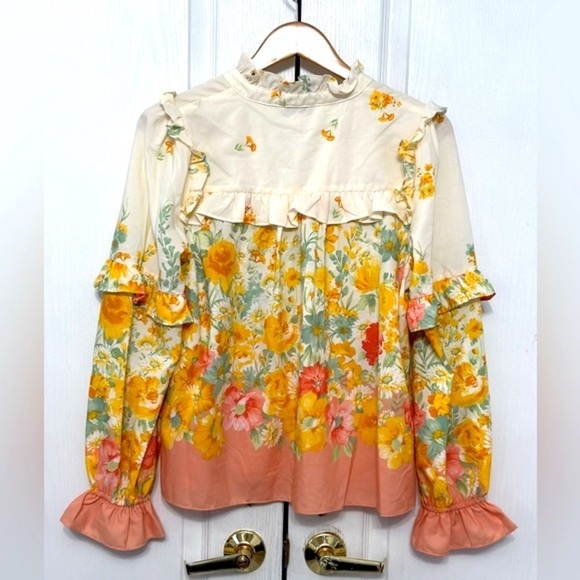 Fate Women's Whimsical Floral Print Ruffled Blouse Size Small Yellow Peach Cream - Picture 5 of 9